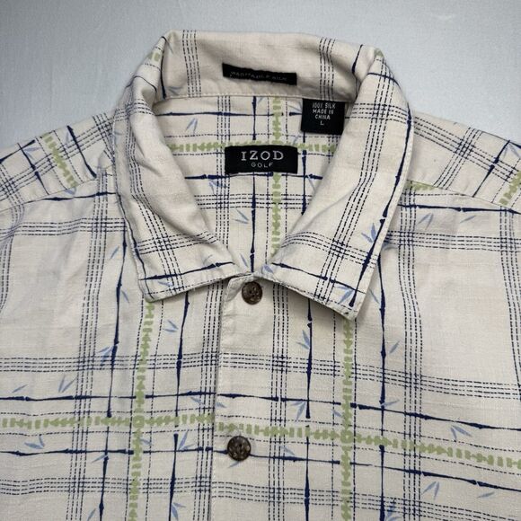 Izod Golf Shirt Washable 100% Silk Button Up Large Beige Hawaii Aloha Shirt - Picture 7 of 12